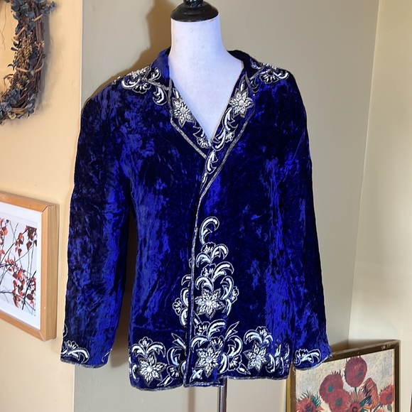 Vintage Blue Velvet Size Large Beaded Pearls Blazer Topper USA Made Event NYEve - Picture 2 of 12